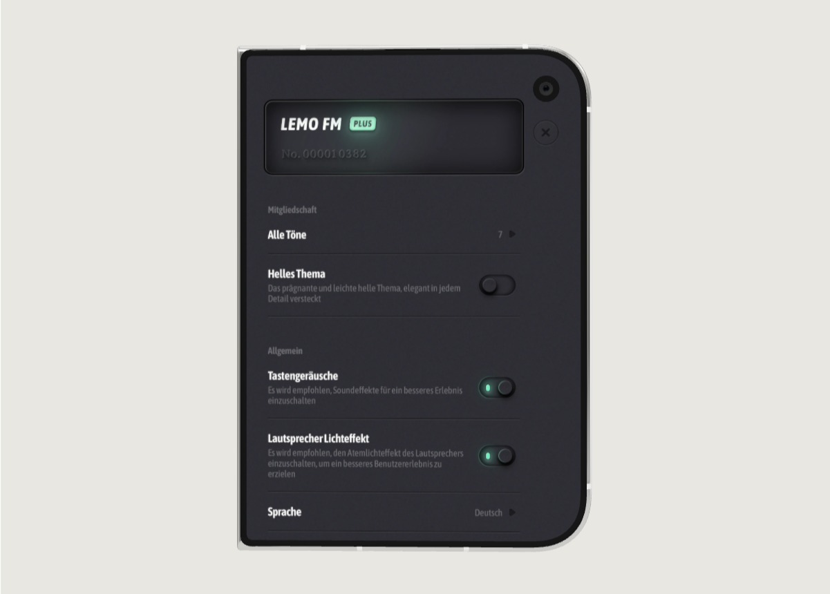 Benutzeroberfläche der LEMO FM-Einstellungsseite auf dem iPhone Duo