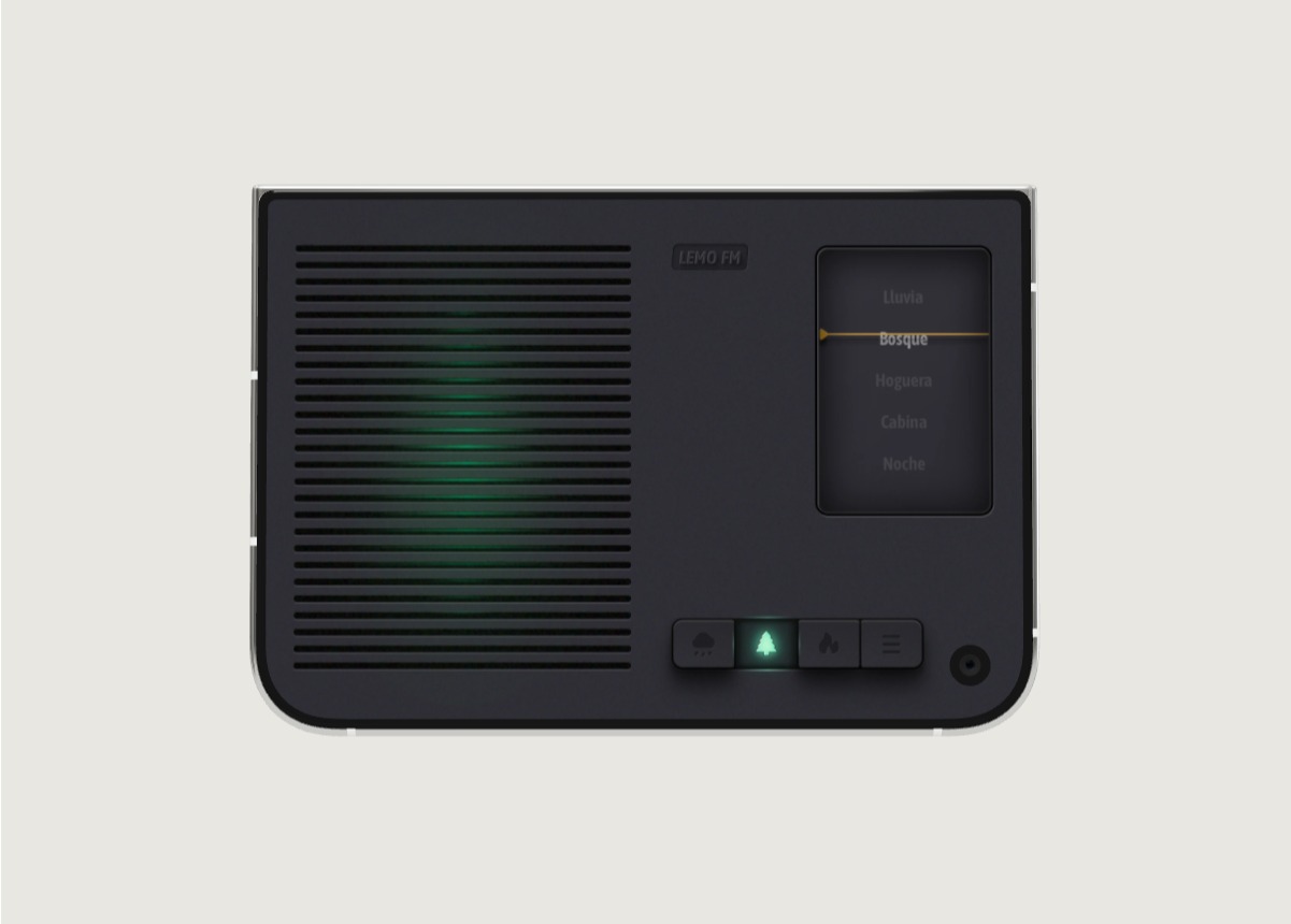 La oscura interfaz principal de LEMO FM en la pantalla externa del iPhone Duo