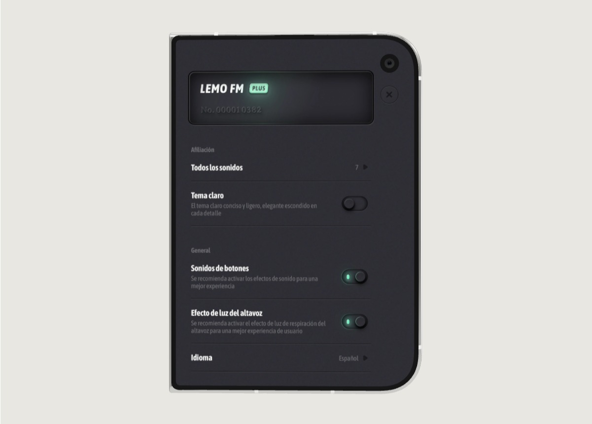 Interfaz de la página de configuración de LEMO FM en iPhone Duo
