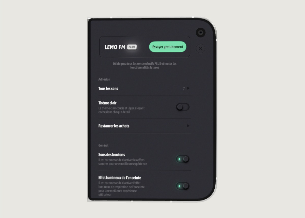 Interface de la page des paramètres LEMO FM sur iPhone Duo