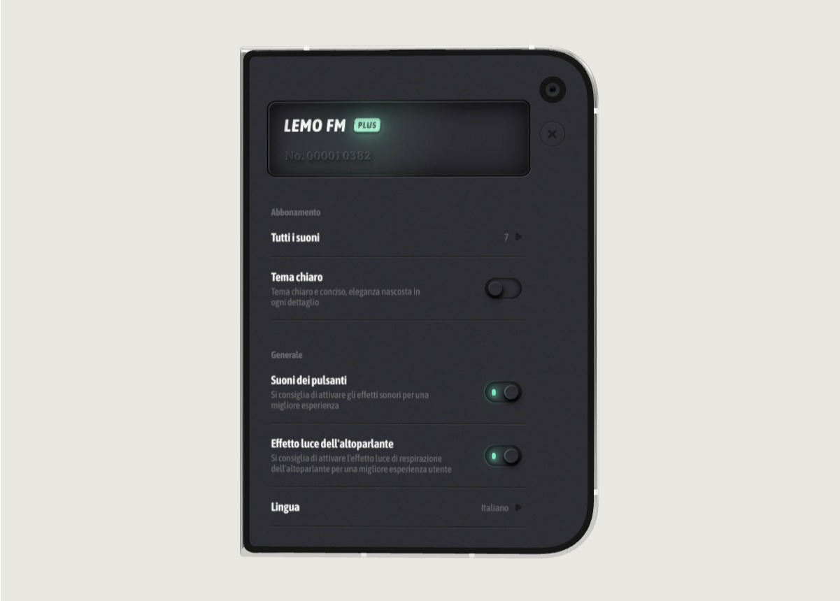 Interfaccia della pagina delle impostazioni FM LEMO su iPhone Duo